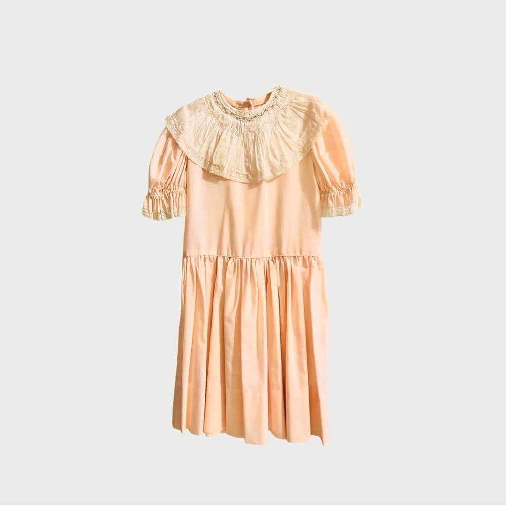 Heirloom Peach Dress with Ivory Smocked & Embroidered Collar